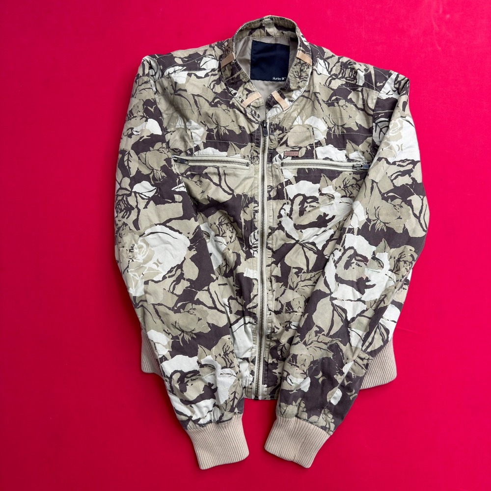 Hurley Floral Camo Bomber Jacket Women‎ Large Brown Olive Vintage Style Zip Up